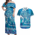 Kuri Dog Waka New Zealand Matariki Couples Matching Off Shoulder Maxi Dress and Hawaiian Shirt Ocean Sharks Maori Tattoo