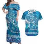 Kuri Dog Waka New Zealand Matariki Couples Matching Off Shoulder Maxi Dress and Hawaiian Shirt Ocean Sharks Maori Tattoo