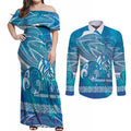 Kuri Dog Waka New Zealand Matariki Couples Matching Off Shoulder Maxi Dress and Long Sleeve Button Shirt Ocean Sharks Maori Tattoo
