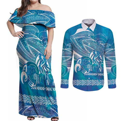 Kuri Dog Waka New Zealand Matariki Couples Matching Off Shoulder Maxi Dress and Long Sleeve Button Shirt Ocean Sharks Maori Tattoo