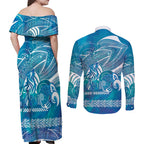 Kuri Dog Waka New Zealand Matariki Couples Matching Off Shoulder Maxi Dress and Long Sleeve Button Shirt Ocean Sharks Maori Tattoo
