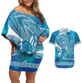 Kuri Dog Waka New Zealand Matariki Couples Matching Off Shoulder Short Dress and Hawaiian Shirt Ocean Sharks Maori Tattoo