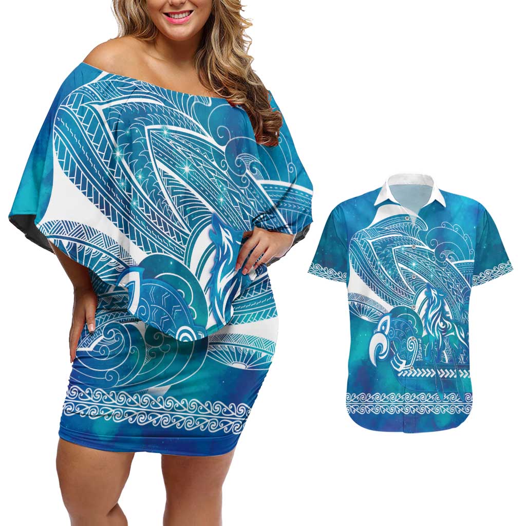 Kuri Dog Waka New Zealand Matariki Couples Matching Off Shoulder Short Dress and Hawaiian Shirt Ocean Sharks Maori Tattoo