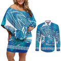 Kuri Dog Waka New Zealand Matariki Couples Matching Off Shoulder Short Dress and Long Sleeve Button Shirt Ocean Sharks Maori Tattoo