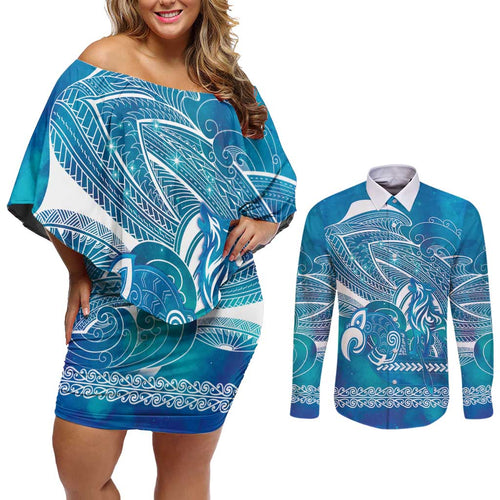 Kuri Dog Waka New Zealand Matariki Couples Matching Off Shoulder Short Dress and Long Sleeve Button Shirt Ocean Sharks Maori Tattoo