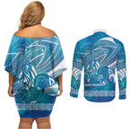 Kuri Dog Waka New Zealand Matariki Couples Matching Off Shoulder Short Dress and Long Sleeve Button Shirt Ocean Sharks Maori Tattoo
