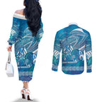 Kuri Dog Waka New Zealand Matariki Couples Matching Off The Shoulder Long Sleeve Dress and Long Sleeve Button Shirt Ocean Sharks Maori Tattoo