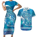 Kuri Dog Waka New Zealand Matariki Couples Matching Short Sleeve Bodycon Dress and Hawaiian Shirt Ocean Sharks Maori Tattoo