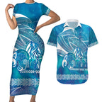Kuri Dog Waka New Zealand Matariki Couples Matching Short Sleeve Bodycon Dress and Hawaiian Shirt Ocean Sharks Maori Tattoo
