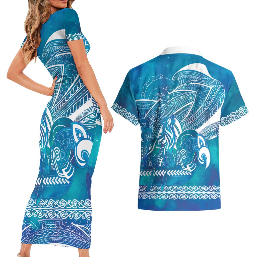 Kuri Dog Waka New Zealand Matariki Couples Matching Short Sleeve Bodycon Dress and Hawaiian Shirt Ocean Sharks Maori Tattoo