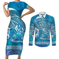 Kuri Dog Waka New Zealand Matariki Couples Matching Short Sleeve Bodycon Dress and Long Sleeve Button Shirt Ocean Sharks Maori Tattoo