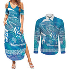 Kuri Dog Waka New Zealand Matariki Couples Matching Summer Maxi Dress and Long Sleeve Button Shirt Ocean Sharks Maori Tattoo