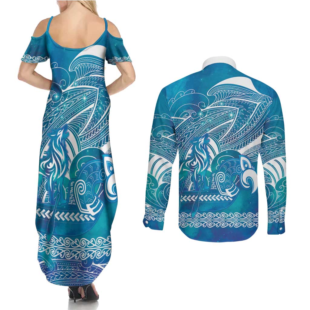 Kuri Dog Waka New Zealand Matariki Couples Matching Summer Maxi Dress and Long Sleeve Button Shirt Ocean Sharks Maori Tattoo