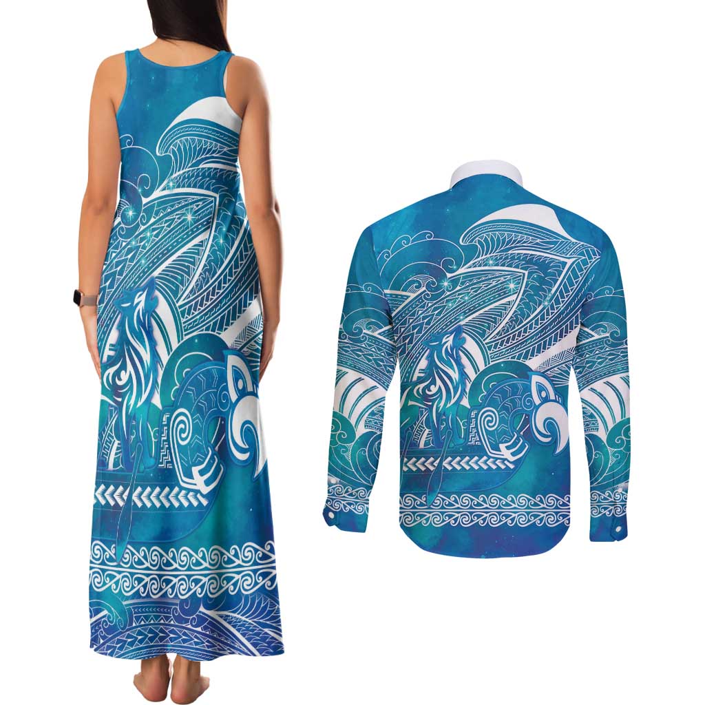 Kuri Dog Waka New Zealand Matariki Couples Matching Tank Maxi Dress and Long Sleeve Button Shirt Ocean Sharks Maori Tattoo