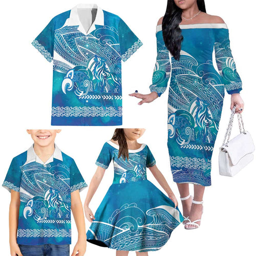 Kuri Dog Waka New Zealand Matariki Family Matching Off The Shoulder Long Sleeve Dress and Hawaiian Shirt Ocean Sharks Maori Tattoo
