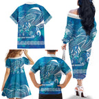 Kuri Dog Waka New Zealand Matariki Family Matching Off The Shoulder Long Sleeve Dress and Hawaiian Shirt Ocean Sharks Maori Tattoo
