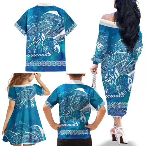 Kuri Dog Waka New Zealand Matariki Family Matching Off The Shoulder Long Sleeve Dress and Hawaiian Shirt Ocean Sharks Maori Tattoo