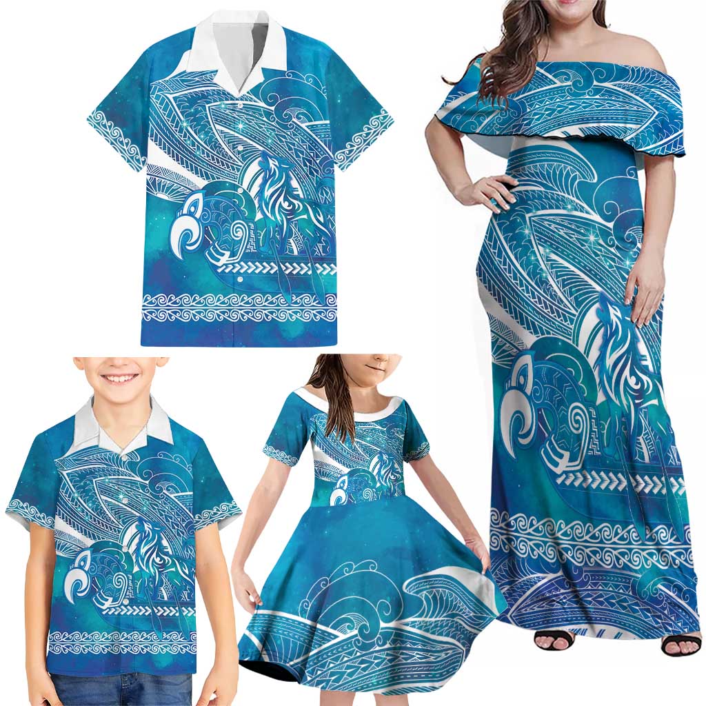 Kuri Dog Waka New Zealand Matariki Family Matching Off Shoulder Maxi Dress and Hawaiian Shirt Ocean Sharks Maori Tattoo