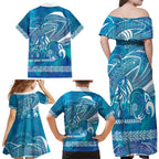 Kuri Dog Waka New Zealand Matariki Family Matching Off Shoulder Maxi Dress and Hawaiian Shirt Ocean Sharks Maori Tattoo