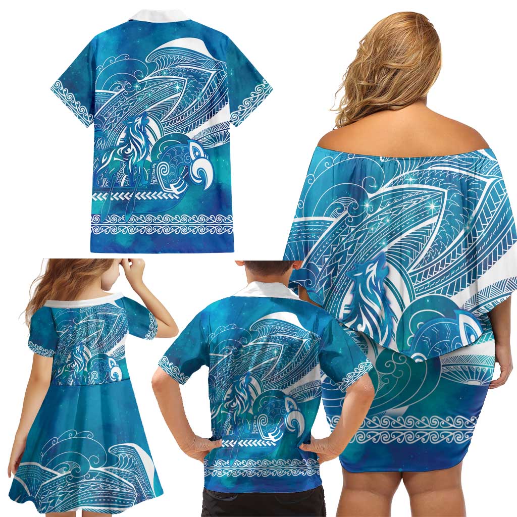Kuri Dog Waka New Zealand Matariki Family Matching Off Shoulder Short Dress and Hawaiian Shirt Ocean Sharks Maori Tattoo