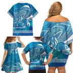Kuri Dog Waka New Zealand Matariki Family Matching Off Shoulder Short Dress and Hawaiian Shirt Ocean Sharks Maori Tattoo