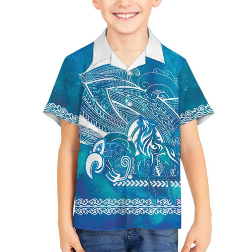 Kuri Dog Waka New Zealand Matariki Family Matching Off Shoulder Short Dress and Hawaiian Shirt Ocean Sharks Maori Tattoo
