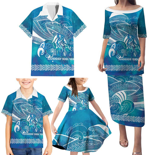 Kuri Dog Waka New Zealand Matariki Family Matching Puletasi and Hawaiian Shirt Ocean Sharks Maori Tattoo