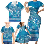 Kuri Dog Waka New Zealand Matariki Family Matching Short Sleeve Bodycon Dress and Hawaiian Shirt Ocean Sharks Maori Tattoo