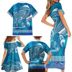 Kuri Dog Waka New Zealand Matariki Family Matching Short Sleeve Bodycon Dress and Hawaiian Shirt Ocean Sharks Maori Tattoo