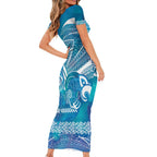Kuri Dog Waka New Zealand Matariki Family Matching Short Sleeve Bodycon Dress and Hawaiian Shirt Ocean Sharks Maori Tattoo