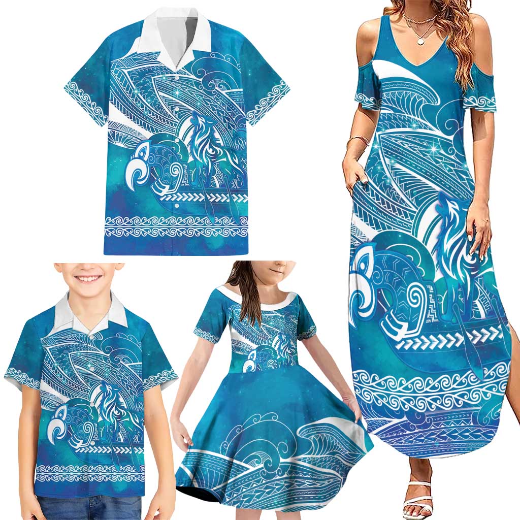 Kuri Dog Waka New Zealand Matariki Family Matching Summer Maxi Dress and Hawaiian Shirt Ocean Sharks Maori Tattoo