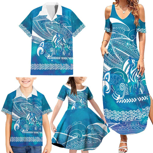 Kuri Dog Waka New Zealand Matariki Family Matching Summer Maxi Dress and Hawaiian Shirt Ocean Sharks Maori Tattoo