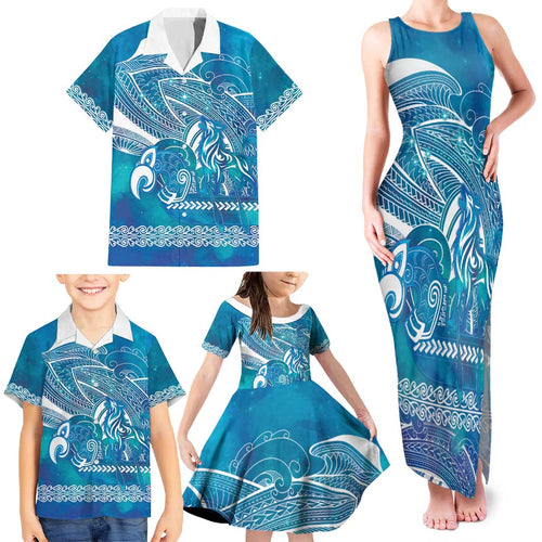 Kuri Dog Waka New Zealand Matariki Family Matching Tank Maxi Dress and Hawaiian Shirt Ocean Sharks Maori Tattoo