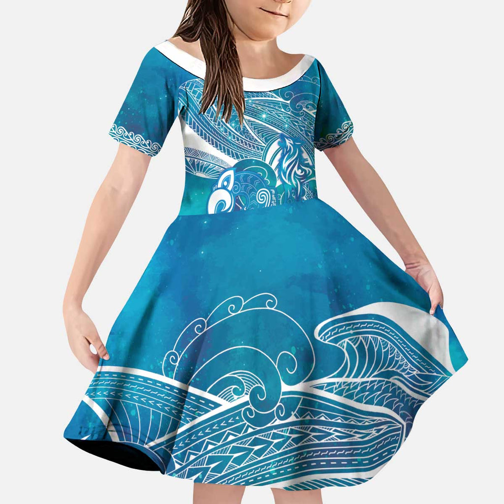Kuri Dog Waka New Zealand Matariki Kid Short Sleeve Dress Ocean Sharks Maori Tattoo