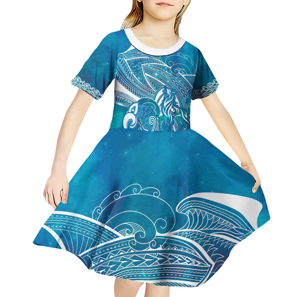 Kuri Dog Waka New Zealand Matariki Kid Short Sleeve Dress Ocean Sharks Maori Tattoo