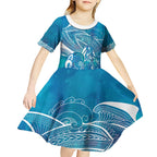 Kuri Dog Waka New Zealand Matariki Kid Short Sleeve Dress Ocean Sharks Maori Tattoo