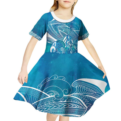 Kuri Dog Waka New Zealand Matariki Kid Short Sleeve Dress Ocean Sharks Maori Tattoo