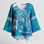 Kuri Dog Waka New Zealand Matariki Kimono Sleeve Blouse Ocean Sharks Maori Tattoo
