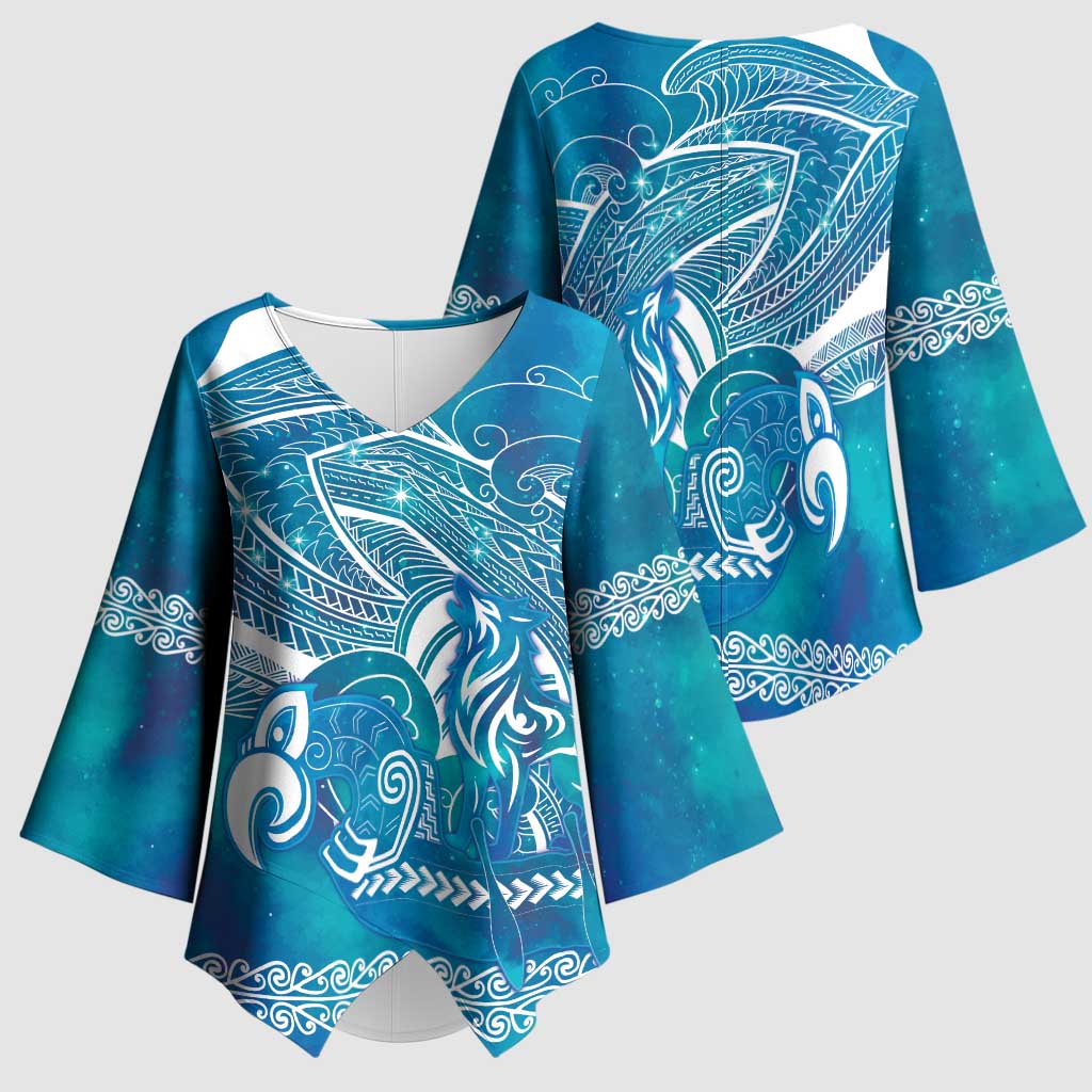 Kuri Dog Waka New Zealand Matariki Kimono Sleeve Blouse Ocean Sharks Maori Tattoo