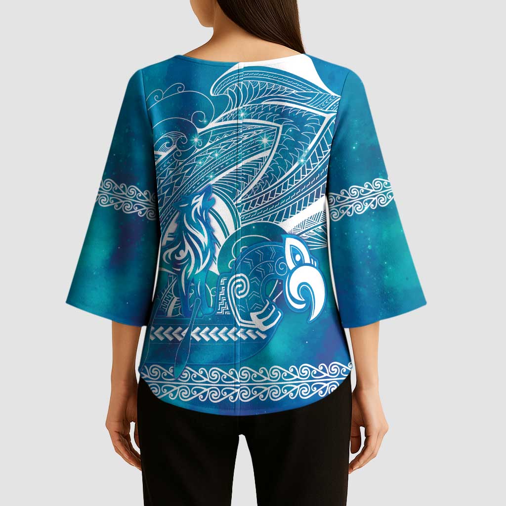 Kuri Dog Waka New Zealand Matariki Kimono Sleeve Blouse Ocean Sharks Maori Tattoo