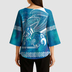 Kuri Dog Waka New Zealand Matariki Kimono Sleeve Blouse Ocean Sharks Maori Tattoo