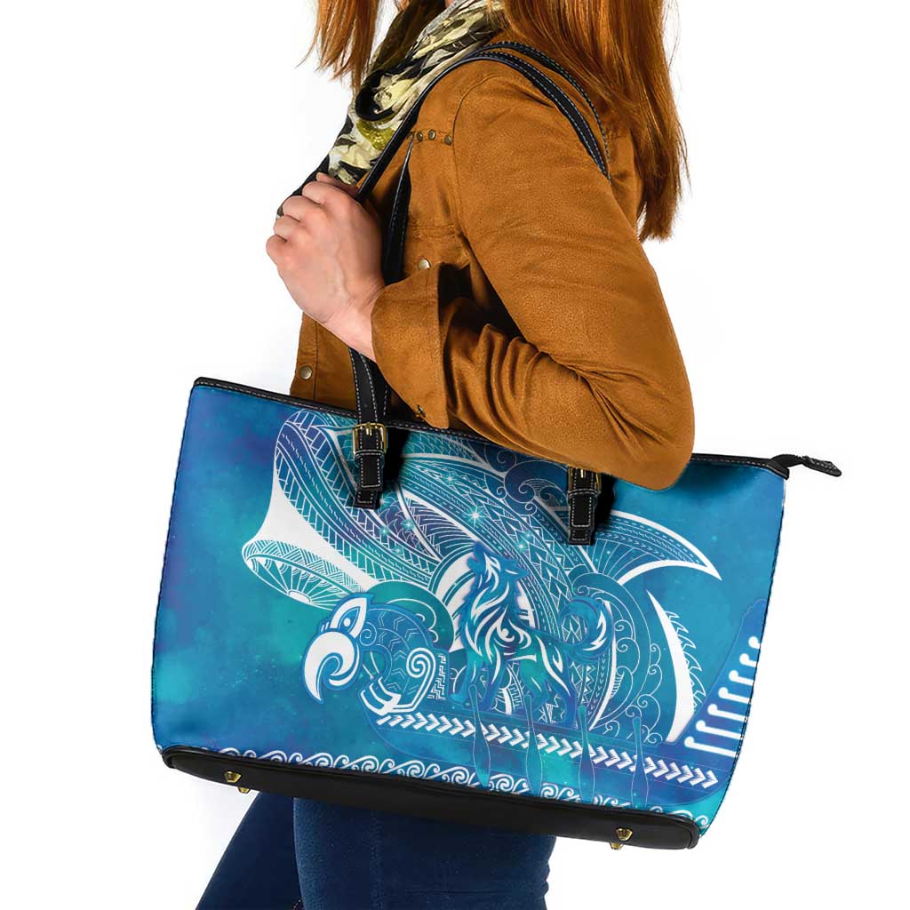 Kuri Dog Waka New Zealand Matariki Leather Tote Bag Ocean Sharks Maori Tattoo