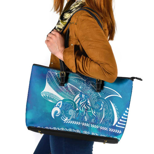 Kuri Dog Waka New Zealand Matariki Leather Tote Bag Ocean Sharks Maori Tattoo