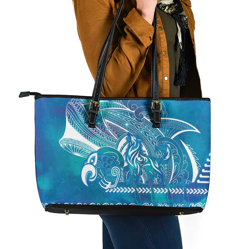 Kuri Dog Waka New Zealand Matariki Leather Tote Bag Ocean Sharks Maori Tattoo