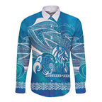 Kuri Dog Waka New Zealand Matariki Long Sleeve Button Shirt Ocean Sharks Maori Tattoo
