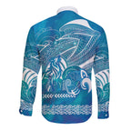 Kuri Dog Waka New Zealand Matariki Long Sleeve Button Shirt Ocean Sharks Maori Tattoo