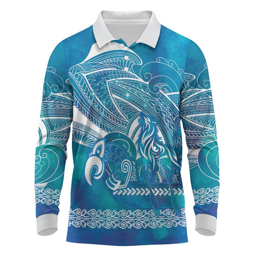 Kuri Dog Waka New Zealand Matariki Long Sleeve Polo Shirt Ocean Sharks Maori Tattoo
