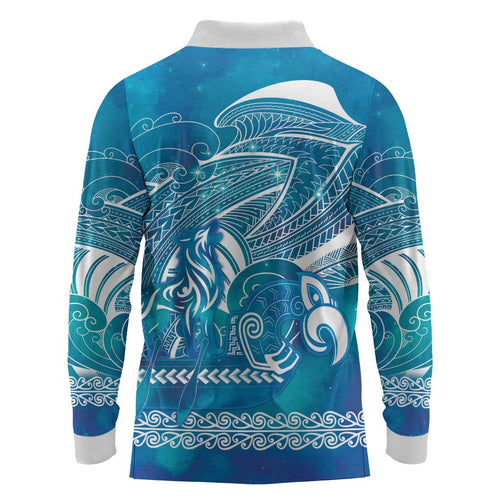Kuri Dog Waka New Zealand Matariki Long Sleeve Polo Shirt Ocean Sharks Maori Tattoo