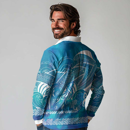 Kuri Dog Waka New Zealand Matariki Long Sleeve Polo Shirt Ocean Sharks Maori Tattoo