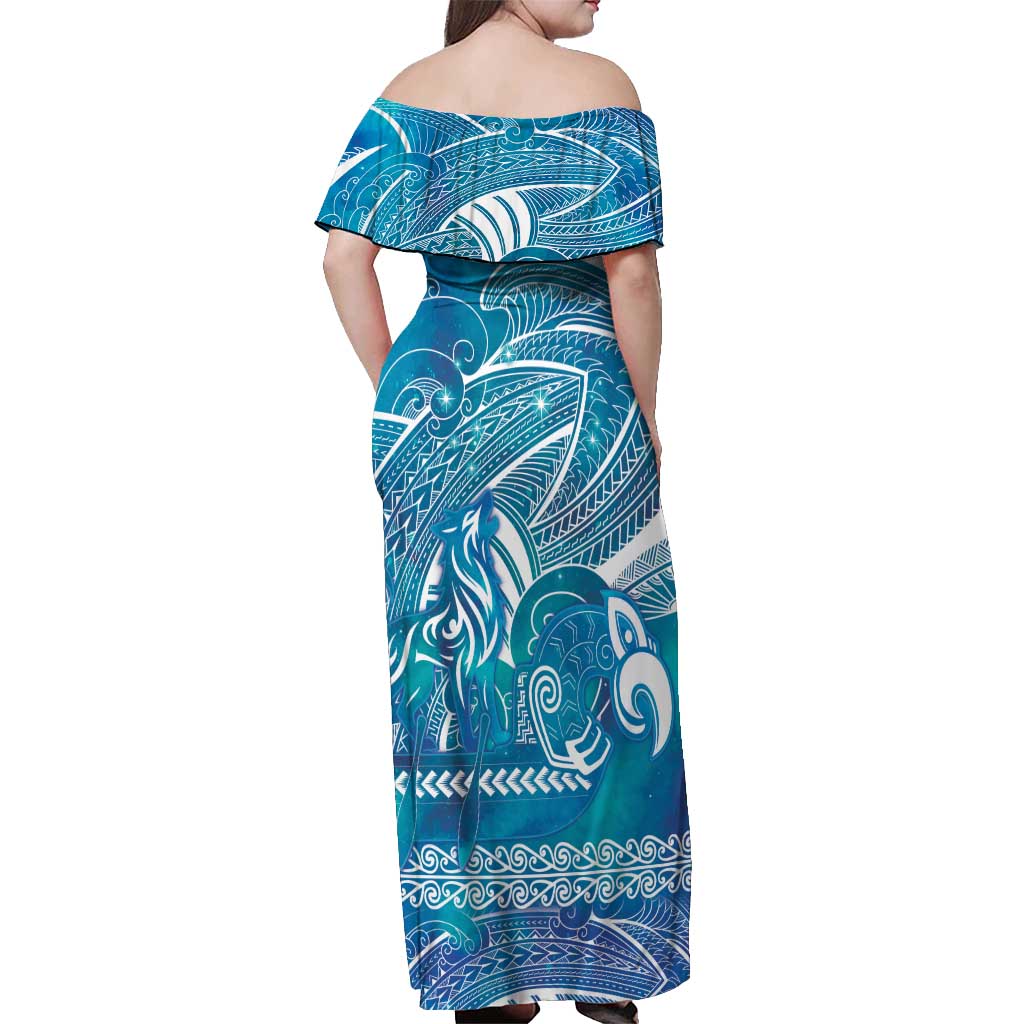 Kuri Dog Waka New Zealand Matariki Off Shoulder Maxi Dress Ocean Sharks Maori Tattoo
